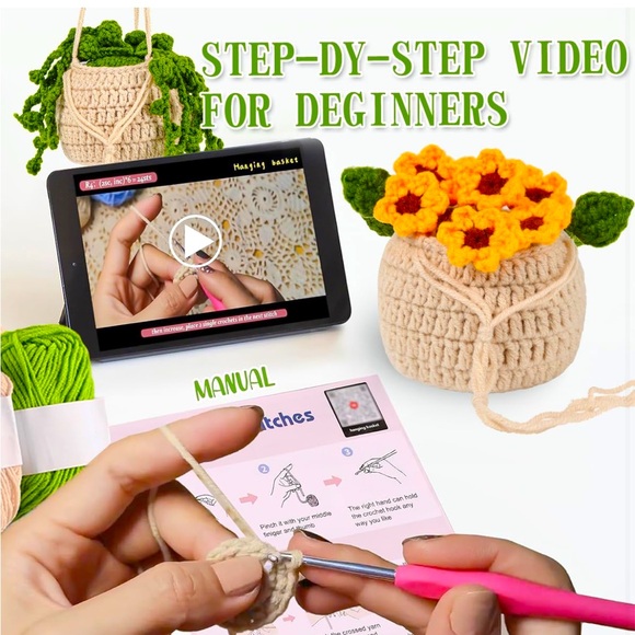 NEW! Crochet Kit Beginners Video Lessons 4 PC Cute Potted Plants Yarn Tassels - Picture 2 of 10